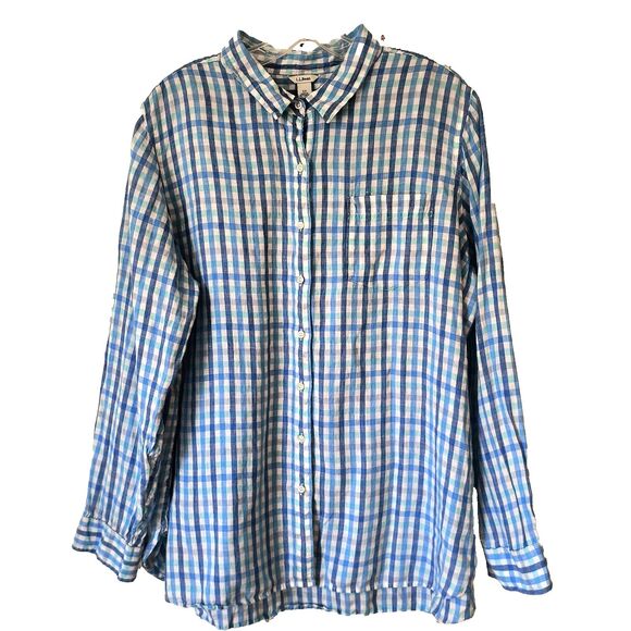 LL Bean Shirt Womens 2X Blue Plaid Linen Button Down Long Sleeve Beachy Coastal - Picture 1 of 15